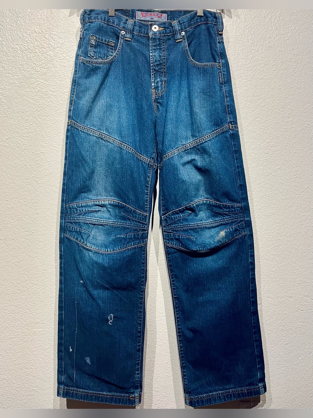 Vintage Silver Baggy Dark Blue Jeans with Knee Paneling - Size 32x32 (Men’s)